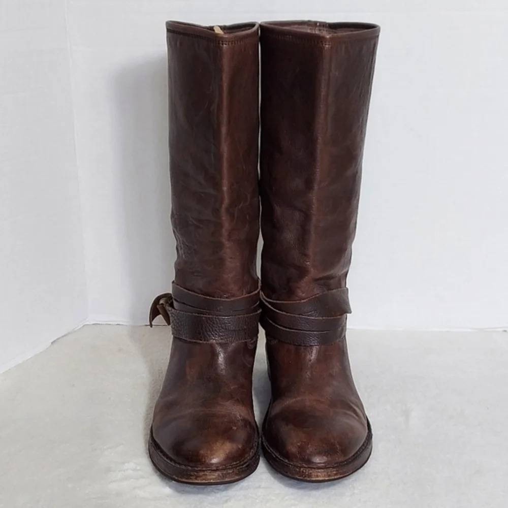 Vintage Shoe Company Distressed Brown Leather Boots Wrap Around Buckle Straps - Picture 4 of 12